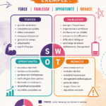 Un schéma représentant l'analyse SWOT avec forces, faiblesses, opportunités et menaces.