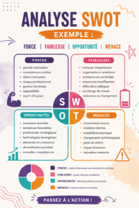 Un schéma représentant l'analyse SWOT avec forces, faiblesses, opportunités et menaces.