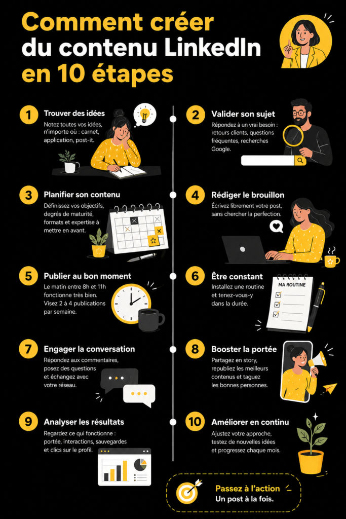 Illustration d'une femme utilisant LinkedIn pour créer du contenu engageant