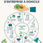 Une femme créative au travail à domicile, entourée de matériels de bureau et de ses créations.