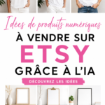 Illustration d'un ordinateur portable affichant des produits digitaux créés pour vendre sur Etsy.