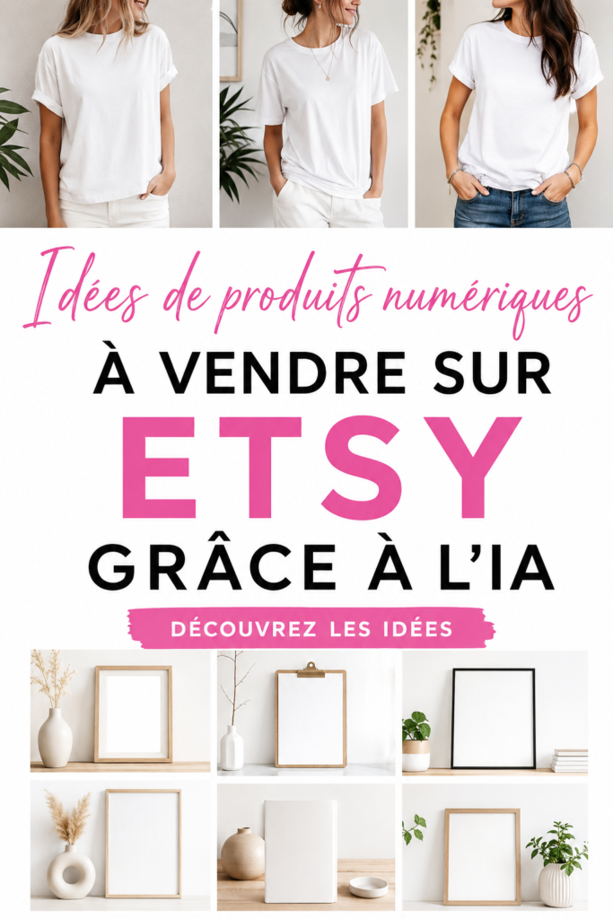 Illustration d'un ordinateur portable affichant des produits digitaux créés pour vendre sur Etsy.