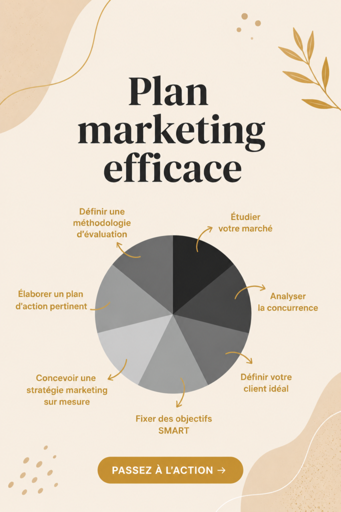 Femme au bureau élaborant un plan marketing avec un ordinateur et des notes.