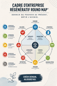 Illustration d'un cadre commercial régénératif avec des exemples d'entreprises durables.