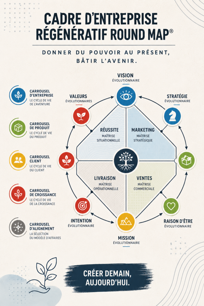 Illustration d'un cadre commercial régénératif avec des exemples d'entreprises durables.
