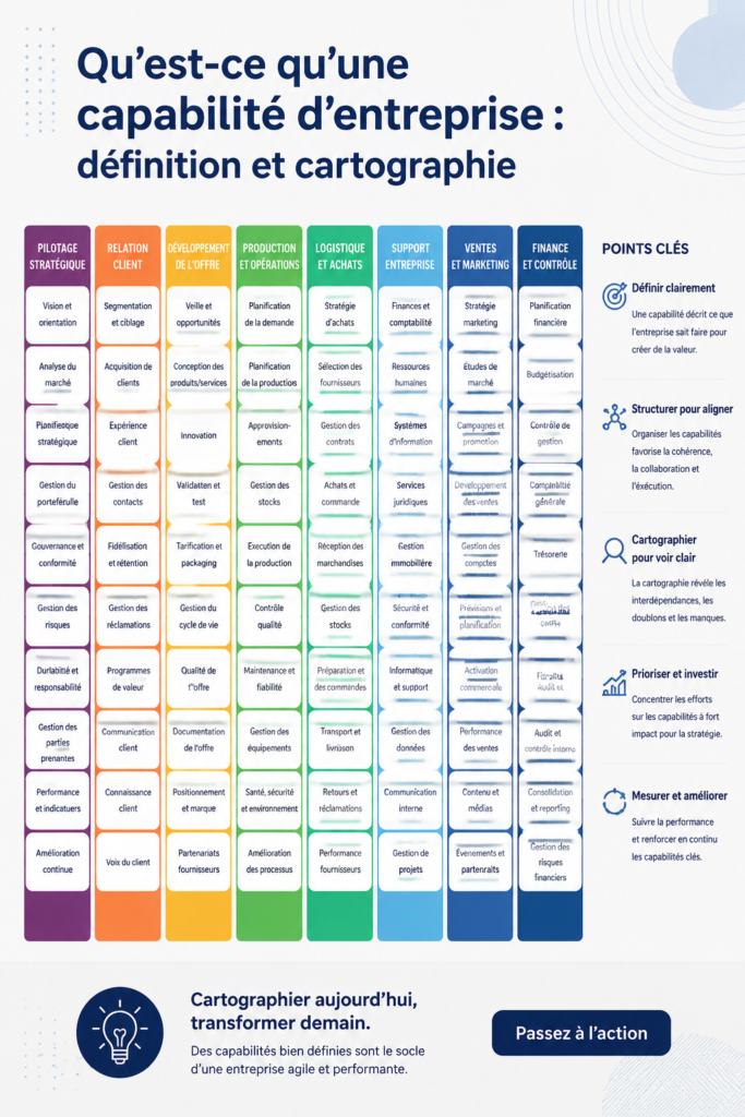 Illustration d'une cartographie des capacités d'entreprise présentant des relations entre différentes fonctions.