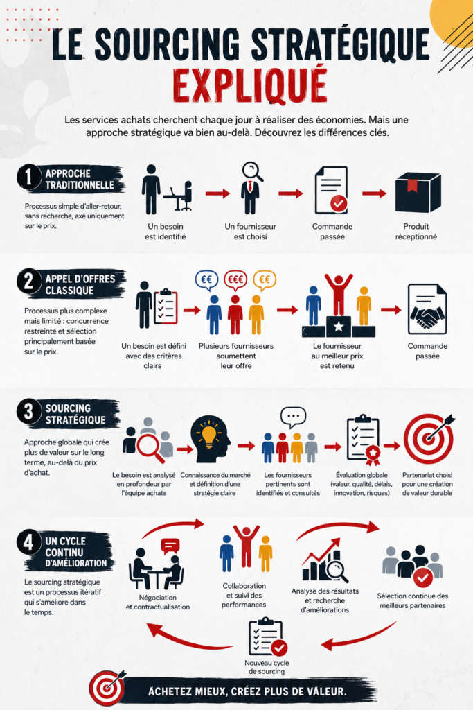 Infographie expliquant le concept de sourcing stratégique avec des exemples pratiques.