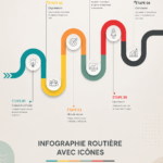 Infographie routière illustrée avec des icônes de voyage, représentant des itinéraires et destinations.