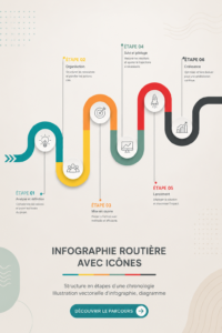 Infographie routière illustrée avec des icônes de voyage, représentant des itinéraires et destinations.