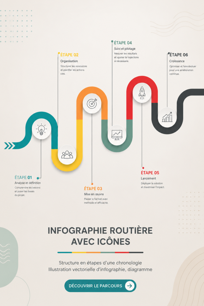 Infographie routière illustrée avec des icônes de voyage, représentant des itinéraires et destinations.