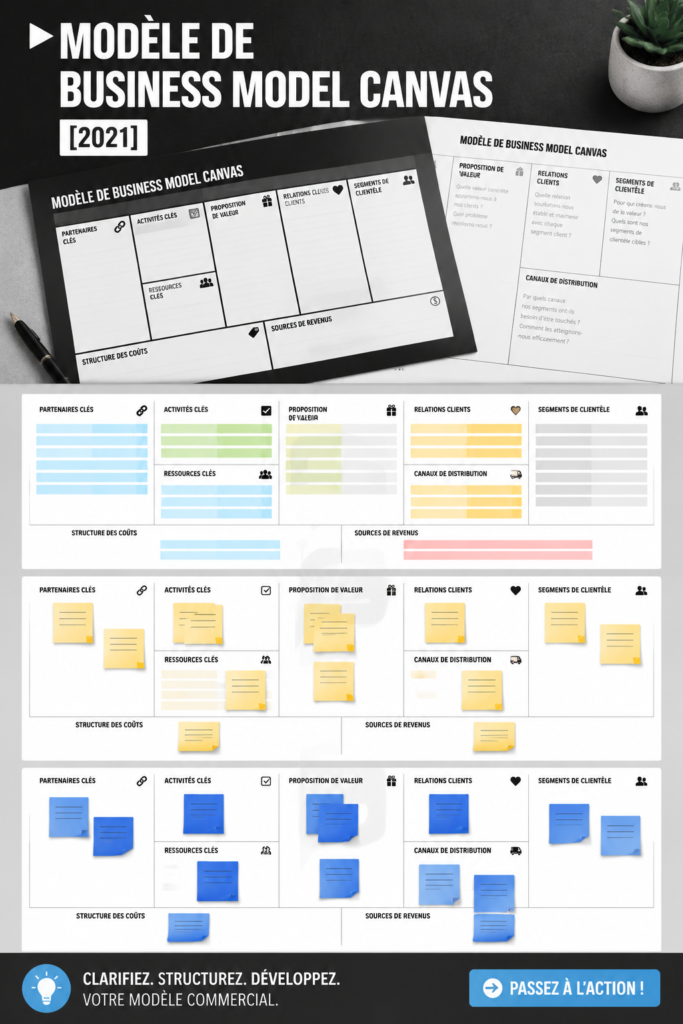 Image d'un modèle Business Model Canvas en cours de création.