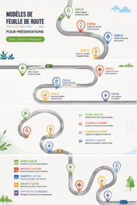 Un modèle de roadmap PowerPoint en pleine présentation, avec des graphiques colorés et bien structurés.