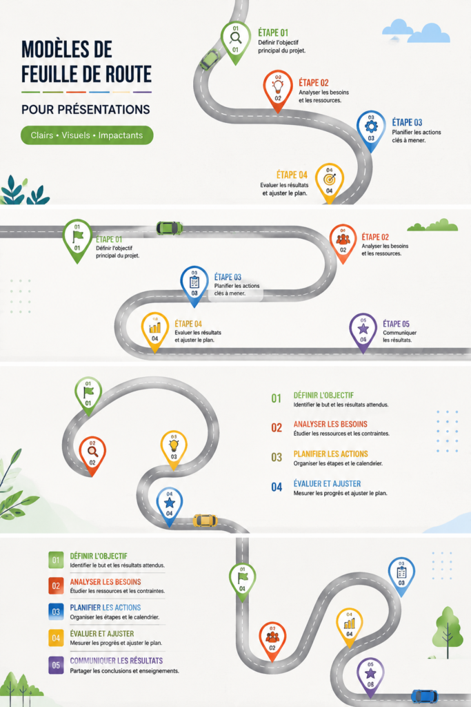 Un modèle de roadmap PowerPoint en pleine présentation, avec des graphiques colorés et bien structurés.