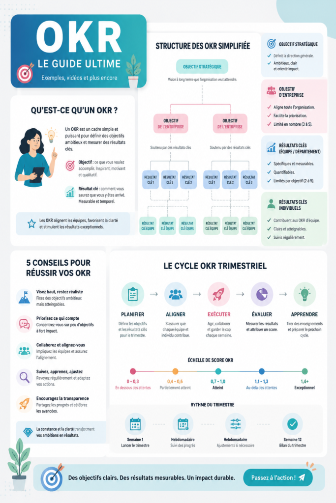 Illustration de la méthode OKR avec des objectifs écrits sur un tableau blanc