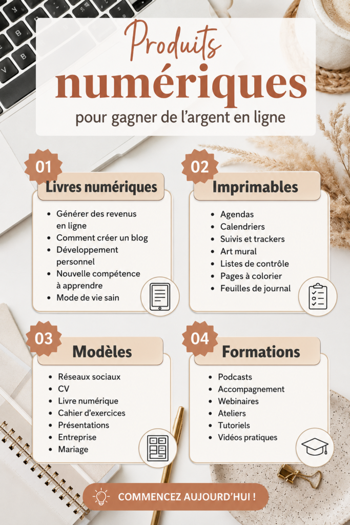 Une femme souriante explore des opportunités de revenus en ligne avec des produits numériques.