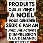 Cinq produits populaires pour Noël sur Etsy, présentés sur une table décorée.