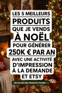 Cinq produits populaires pour Noël sur Etsy, présentés sur une table décorée.
