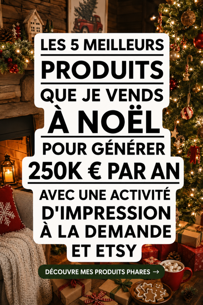 Cinq produits populaires pour Noël sur Etsy, présentés sur une table décorée.