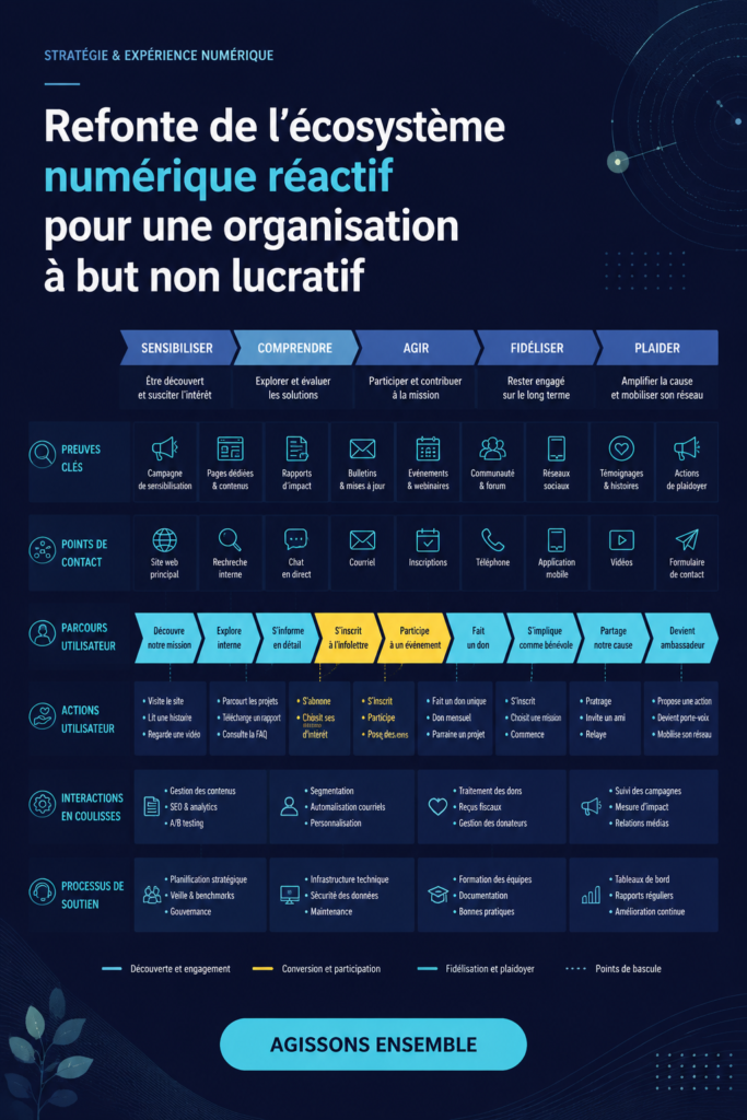 Représentation d'une ONG modernisant son écosystème numérique avec des collègues collaborant sur des ordinateurs