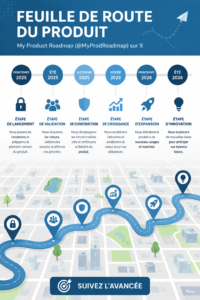 Une image représentant une roadmap produit sur un tableau blanc avec des notes adhésives colorées.