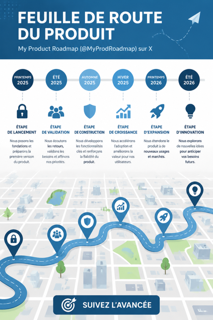 Une image représentant une roadmap produit sur un tableau blanc avec des notes adhésives colorées.