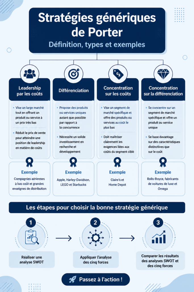 Infographie illustrant les stratégies génériques de Porter appliquées aux affaires.