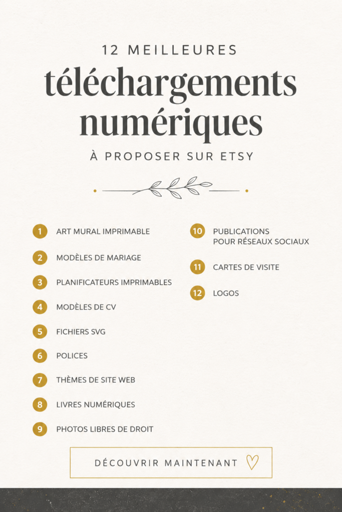 Sélection de téléchargements numériques populaires sur Etsy, incluant des illustrations et des graphiques.