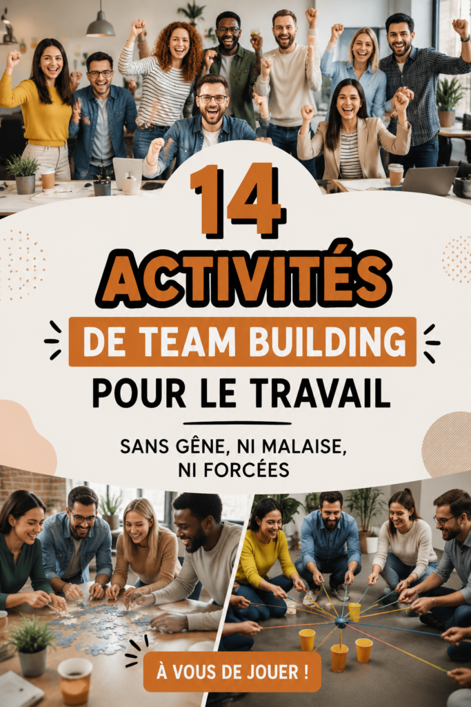 Visuel d'une équipe engagée dans une activité de team building amusante au bureau, renforçant les liens