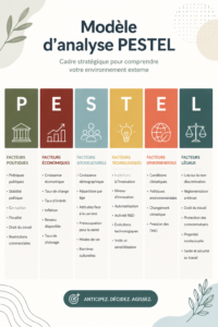 Illustration représentant l'analyse PESTLE avec des éléments visuels liés aux six dimensions.