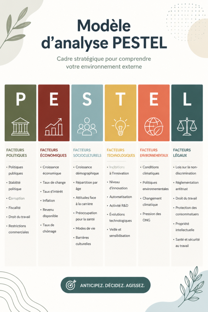 Illustration représentant l'analyse PESTLE avec des éléments visuels liés aux six dimensions.