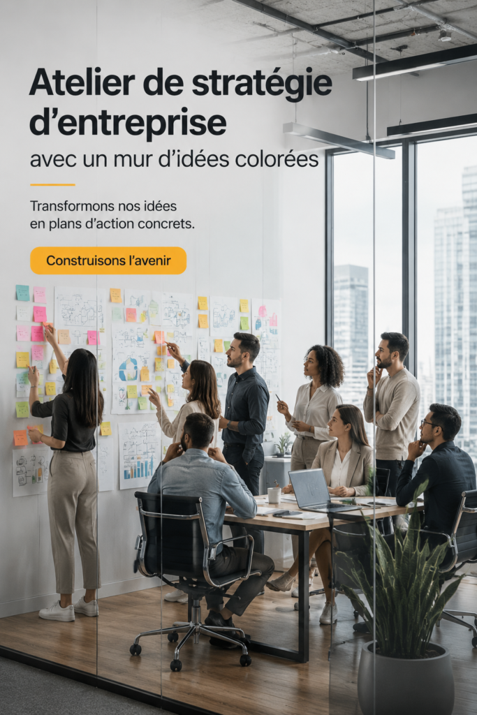Atelier de stratégie d'entreprise avec un mur d'idées coloré.