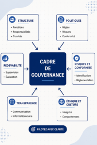Illustration d'un groupe de travail collaborant sur un cadre de gouvernance.