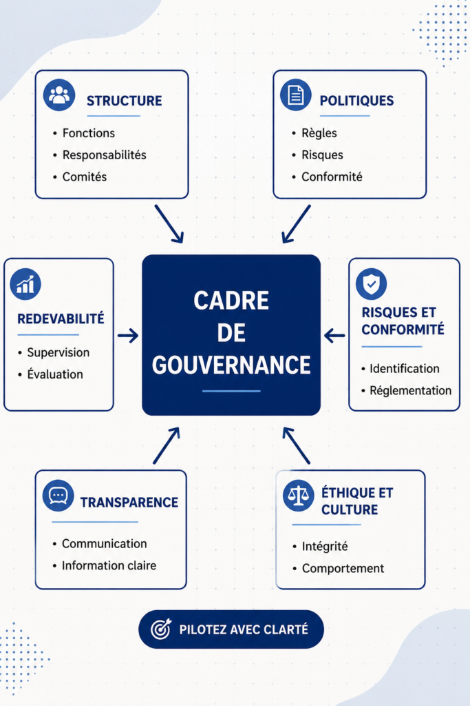 Illustration d'un groupe de travail collaborant sur un cadre de gouvernance.