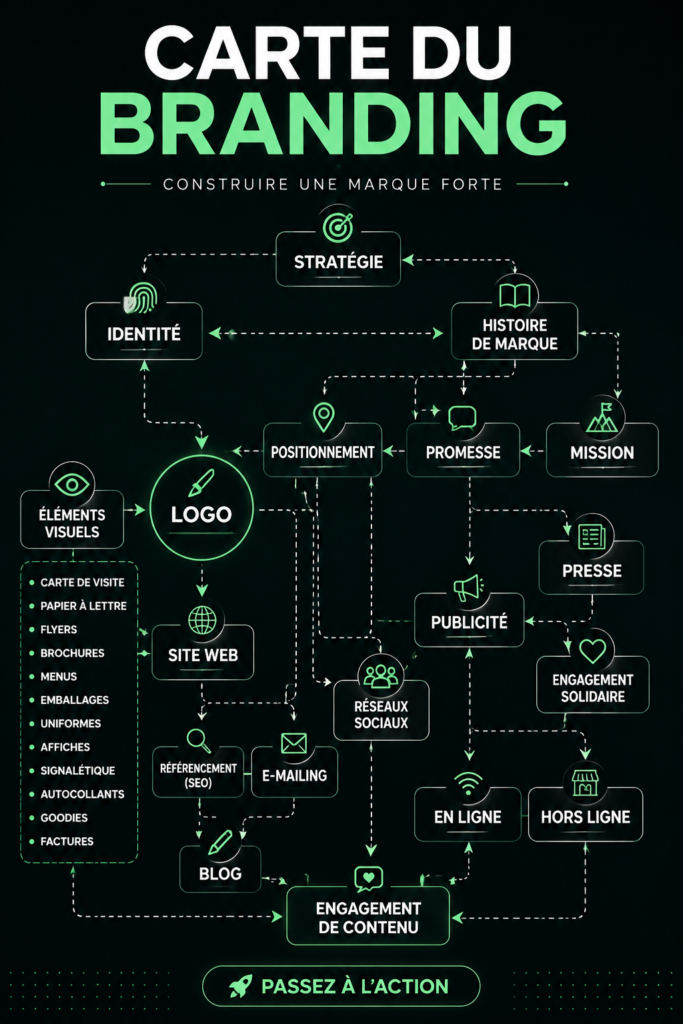 Illustration d'une carte de branding présentant les éléments clés pour construire une image de marque