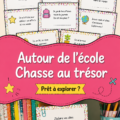 Enfants s'amusant lors d'une chasse au trésor scolaire en plein air.