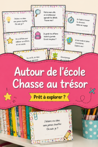 Enfants s'amusant lors d'une chasse au trésor scolaire en plein air.