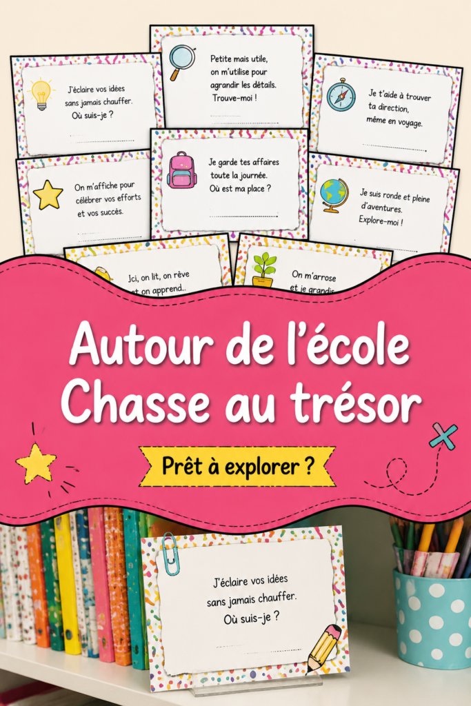 Enfants s'amusant lors d'une chasse au trésor scolaire en plein air.