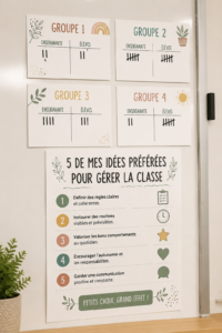 Une enseignante en classe utilisant des tableaux pour la gestion des comportements des élèves.