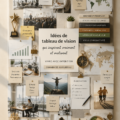 Un vision board coloré avec des images inspirantes de voyage, carrière et bien-être.