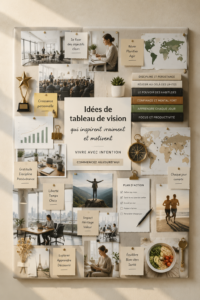 Un vision board coloré avec des images inspirantes de voyage, carrière et bien-être.