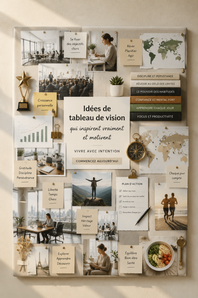 Un vision board coloré avec des images inspirantes de voyage, carrière et bien-être.