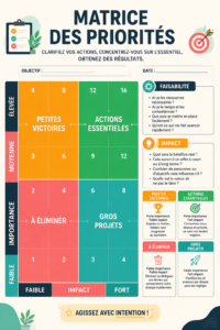 Illustration d'une matrice de priorités avec des tâches colorées