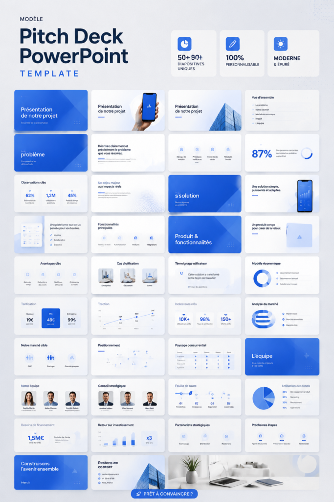 Modèle de pitch deck PowerPoint sur écran d'ordinateur
