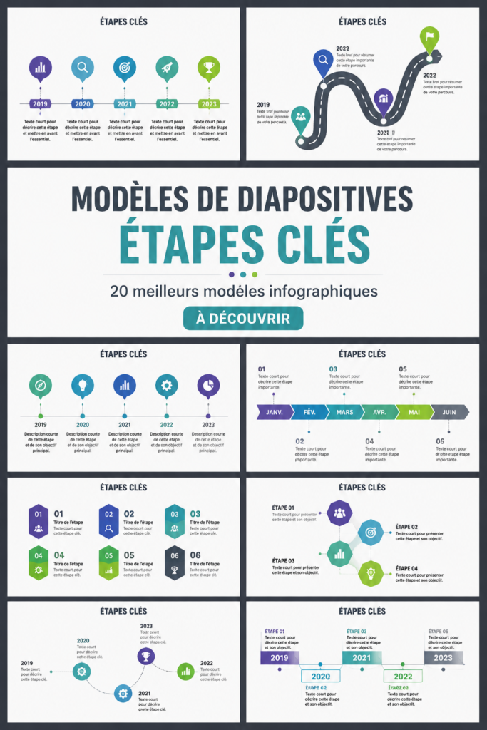 Modèles d'infographies colorées illustrant diverses milestones de projets.