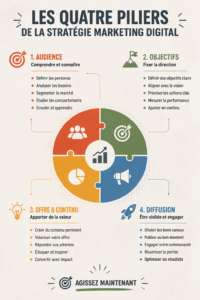 Image illustrant les quatre piliers d'une stratégie marketing digitale.