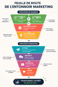 Schéma d'un marketing funnel illustrant les étapes et les conversions.