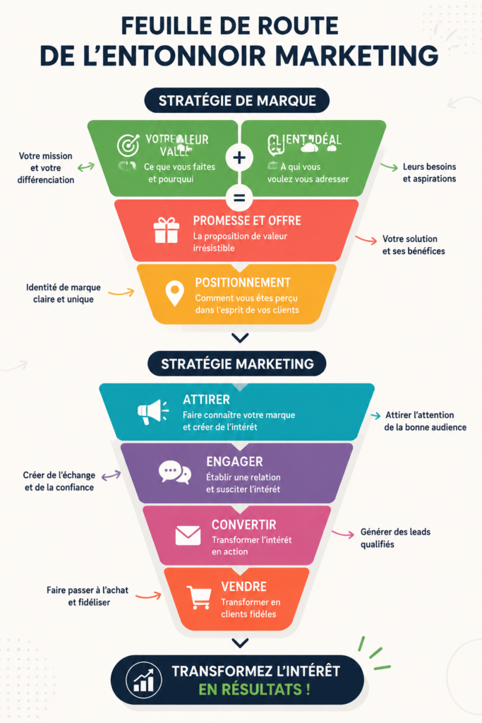 Schéma d'un marketing funnel illustrant les étapes et les conversions.