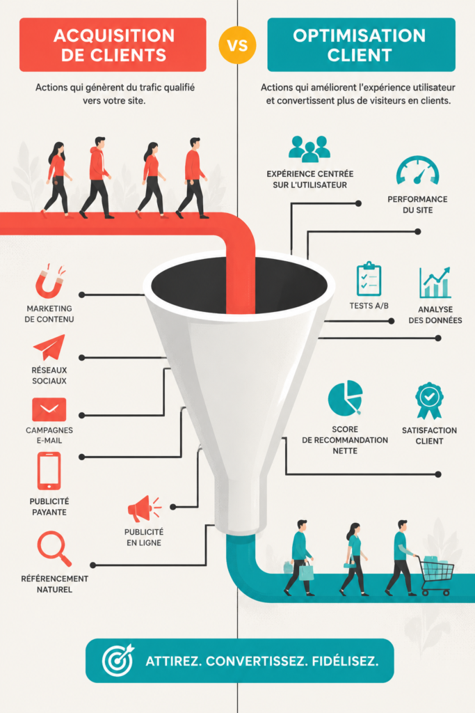 Visuel représentant des stratégies marketing pour l'acquisition de clients.