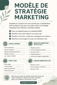 Template de stratégie marketing illustrant les différentes sections clés à aborder pour une stratégie réussie.