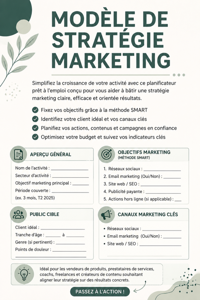 Template de stratégie marketing illustrant les différentes sections clés à aborder pour une stratégie réussie.